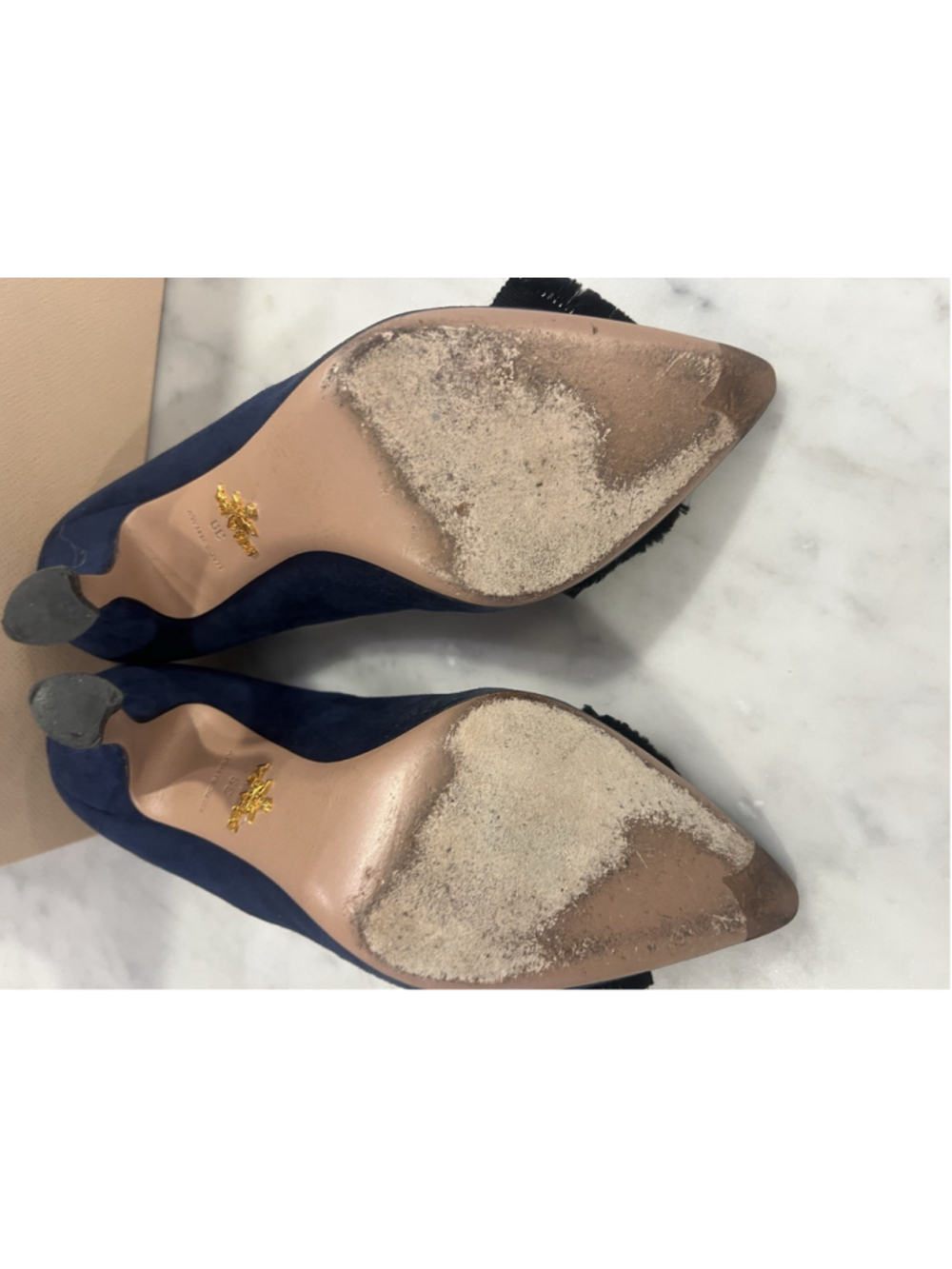 Prada Suede Beaded Bow Navy Blue Designer Heels Sz 39 (8.5/9) With Original Box - Picture 12 of 16